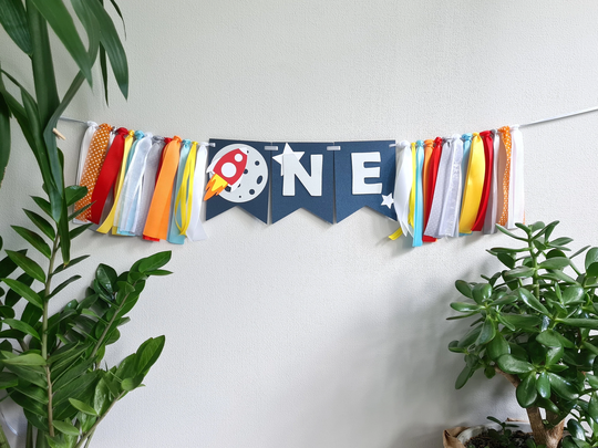 Space High Chair Banner First Trip Around The Sun Birthday Boy One Year Old Sign Royal Blue Red Silver Gray Yellow Decorations