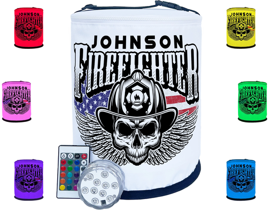 Personalized Color Changing Firefighter Decoration - Fireman Skull With Wings, Includes 3 Areas Of Custom Text, Led Puck Light Remote