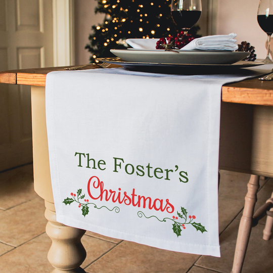 Personalised Christmas Holly Table Runner - Decor Festive Tableware Gift For Home Dining Cotton