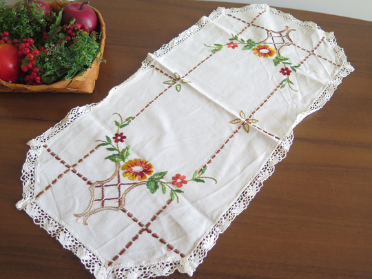 Embroidered Table Napkin Scandinavian Vintage Small Cloth W Lace Trim, Orange Green Flowers #4-52-8