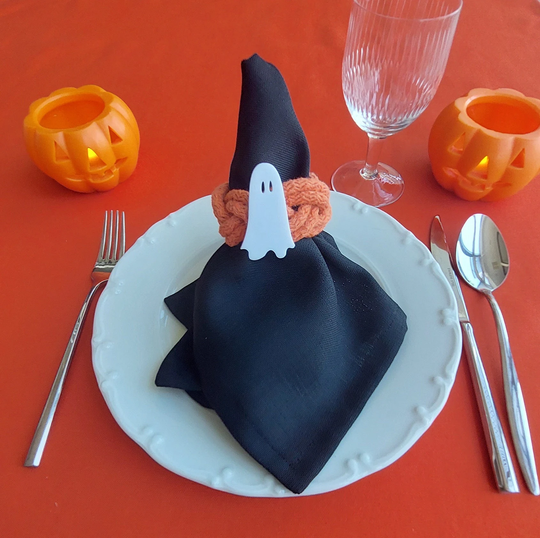 Halloween Table Decor, Linen Black Serviette & Orange Napkin Ring With White Ghost Set Of 4-6-8 Pcs