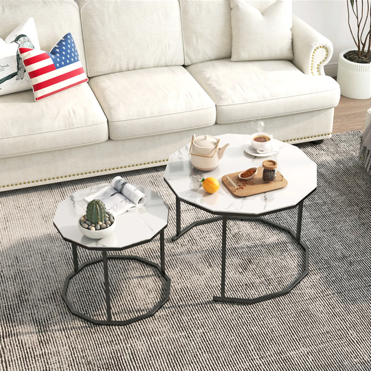 Marble Nesting Coffee Table End Table - 25.6"W x 25.6"D x 18