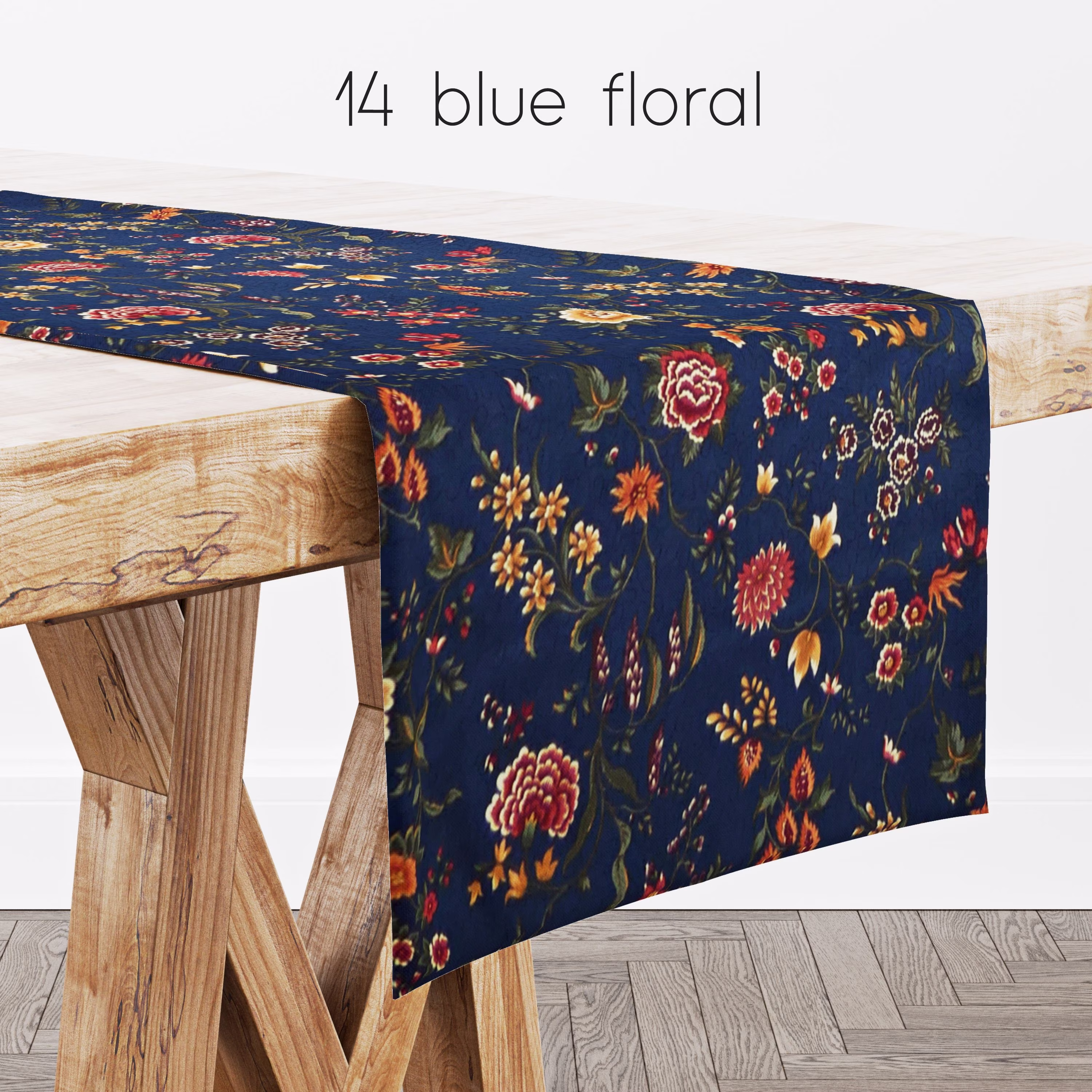 Navy Blue Floral Table Runners | 24, 36, 48, 54, 66, 72 Inches, 9 Sizes, French Country Farmhouse Prairie Dreams