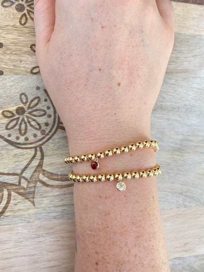 14K Gold Beaded Bracelet With Gemstone - Stackable Everyday Jewelry Stretch