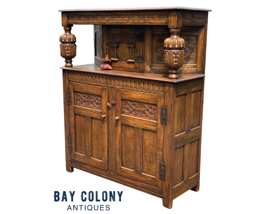 Antique Tiger Oak Carved Jacobean Style Court Cupboard/ Sideboard
