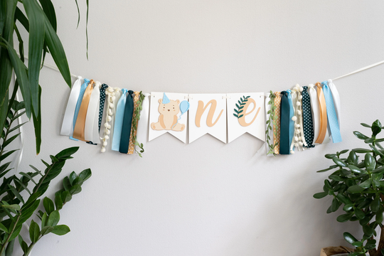 Beary First Birthday Boy High Chair Banner For Teddy Bear Picnic Party Forest Green Blue Brown Decor