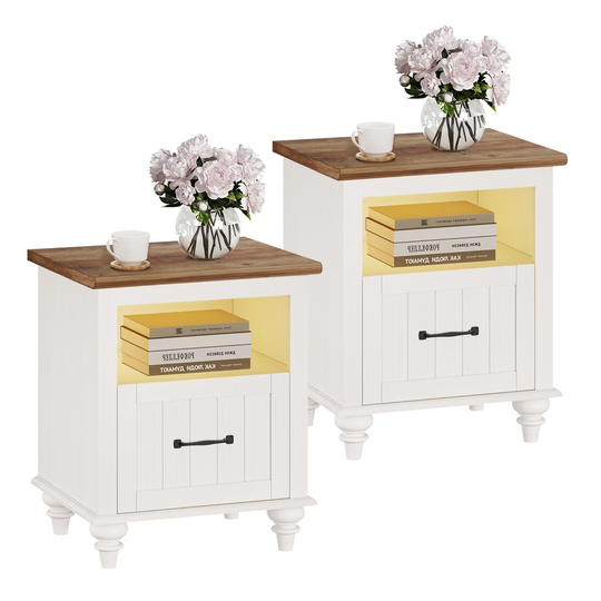 Mid Century End Table Nightstand with Drawer & Charging Station, White