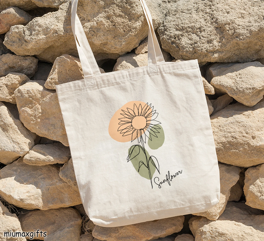 Sunflower Abstract Art Tote Bag, Flowers Floral Line Design By Miumaxgifts, Canvas Bag