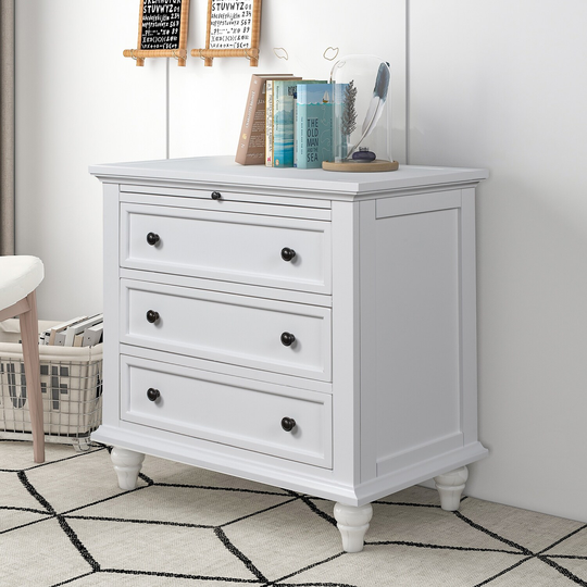3-Drawer Storage Wood Cabinet, Nightstand with Pull Out Tray