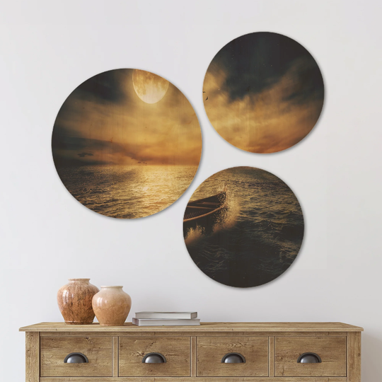 Designart 'Middle of Ocean after Storm' Floral Wood Wall Art Set of 3 Circles - Multi-Color