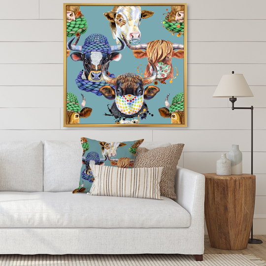 Designart 'Colorful Bulls On Blue' Patterned Framed Canvas Wall Art Print