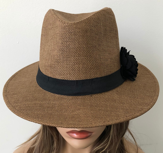 Brown Panama Straw Hat With Black Flower, Women's Hat, Fedora Summer 22.5" Up To 23.5" Ready Ship