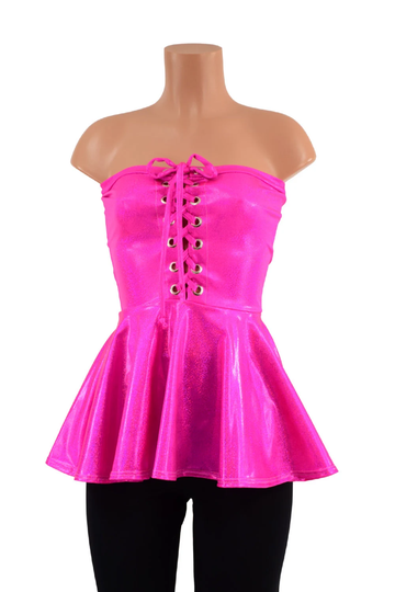 Neon Pink Sparkly Jewel Strapless Peplum Top With Front Lace Up. 12" Long Peplum -157699