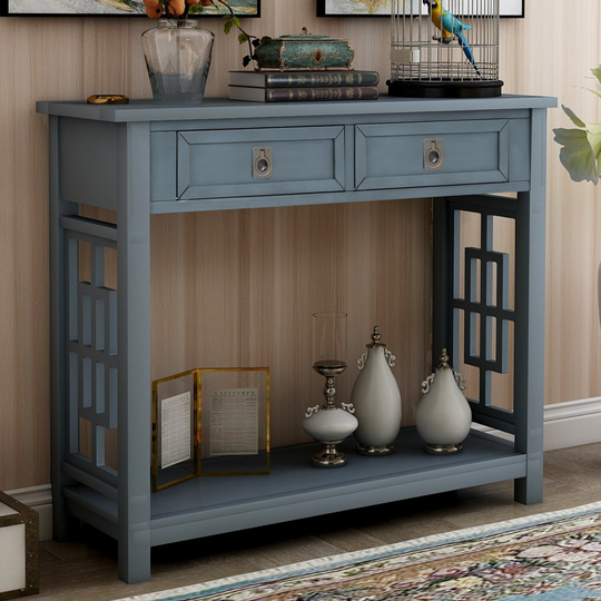 Global Pronex Console Table with 2 Drawers and Bottom Shelf, Entryway Accent Sofa Table (Antique Navy)