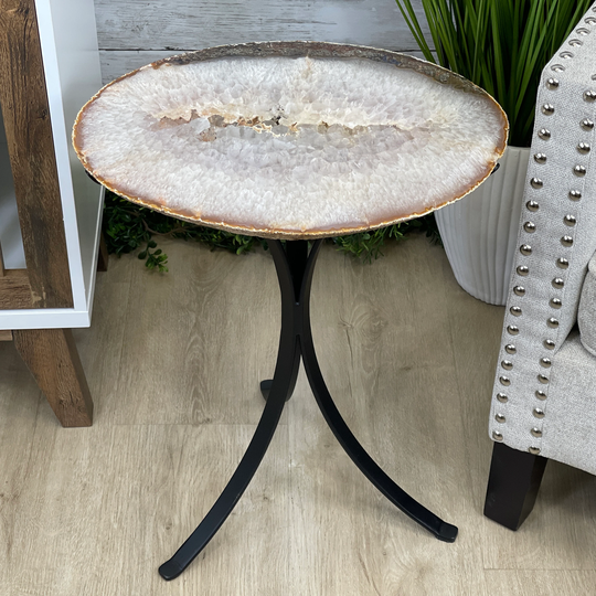 Natural Brazilian Agate Side Table, Single Slice On A Black Metal Base, 22" Tall #1306-0032 By Brazil Gems