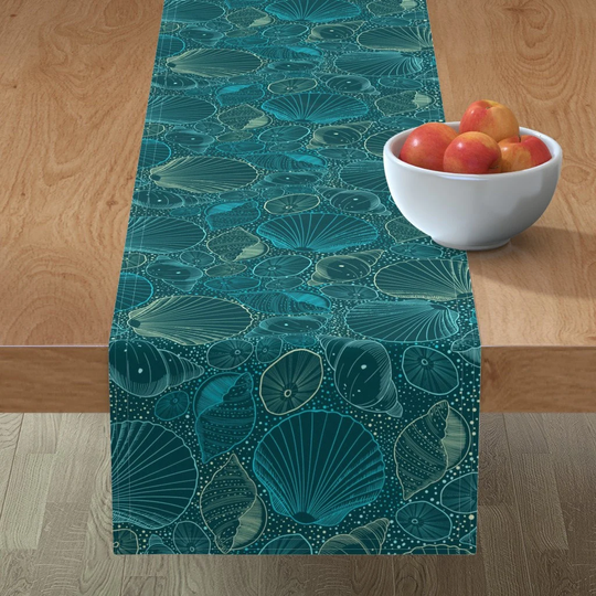Teal Shells Table Runner - Turquoise Sea By Lynette Dobson Coastal Nautical Cotton Sateen Spoonflower
