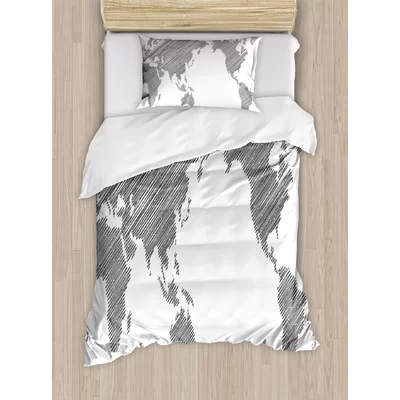 World Map Sketchy Striped Continents Cartography Geography Countries Worldwide Pencil Art Duvet Cover Set
