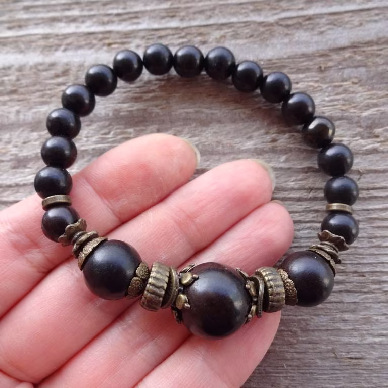 Black Ebony Wood Stretch Bracelet, Mens Beaded Black Everyday Bracelet For Him, Dad, Husband, Office Jewelry, Coworker Gift