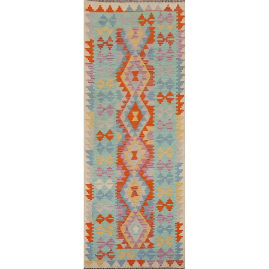 Geometric Kilim Runner Rug Flatweave Multi-Color Wool Carpet - 2'8"x7'11"