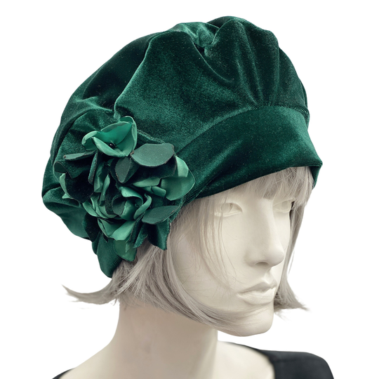 Beret For Women, Emerald Green Velvet Hat, With Pretty Hydrangea Flower Brooch, Wife Birthday Gift, Made in Usa