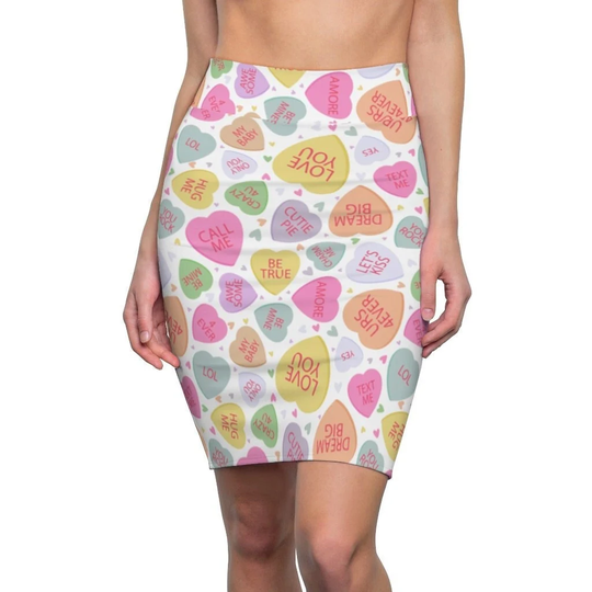 Candy Hearts Skirt, Valentines Womens Pencil Stretchy Teen Skirt