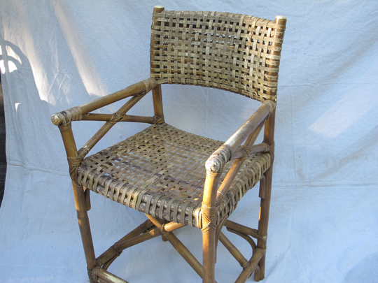 Mid Century Rattan Director's Chair Antique Woven Rawhide Armchair Bamboo Counter Height Stool W/Back Wicker