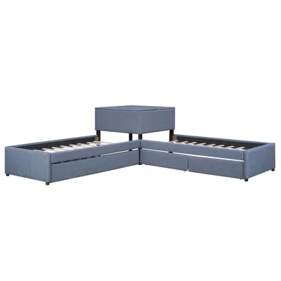 2-Drawer Storage L-Shaped Upholstered Platform Bed With Trundle