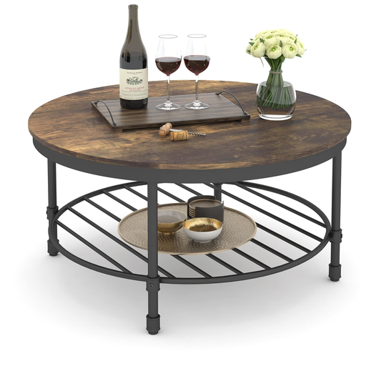 2-Tier Round Coffee Table, Industrial Coffee Table for Living Room, Wooden Tabletop Rustic Steel Accent Table