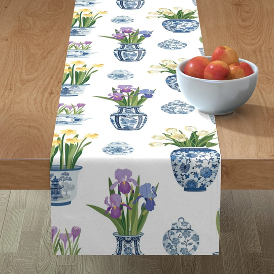 Spring Flowers Table Runner - Floral Pots & Vases By Barbarapixton Blue White Chinoiserie Cotton Sateen Spoonflower