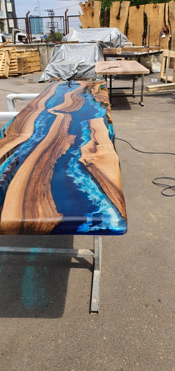 Epoxy Resin Table, Custom 123" X 25.5" Walnut Ocean Blue, Turquoise White Waves River Order For Cody