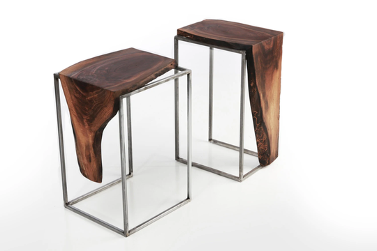 Set Of 2 Side Tables - Solid Black Walnut, Live Edge Top With Raw Brushed Metal Base