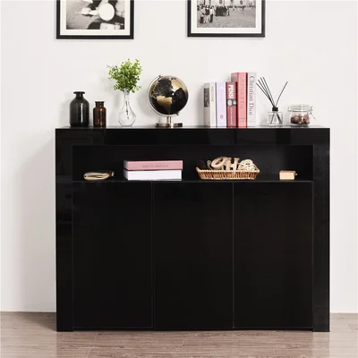 Living Room Sideboard Storage Cabinet Black High Gloss With 3 Doors For Hallway Dining Room