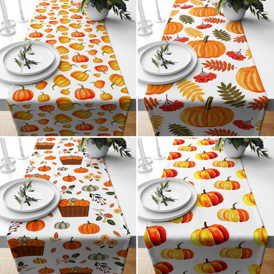 Orange Pumpkin & Leaves Table Runner, Autumn Tablecloth, Housewarming Gifts, Fall Home Decor, Dining Room Patio Gift