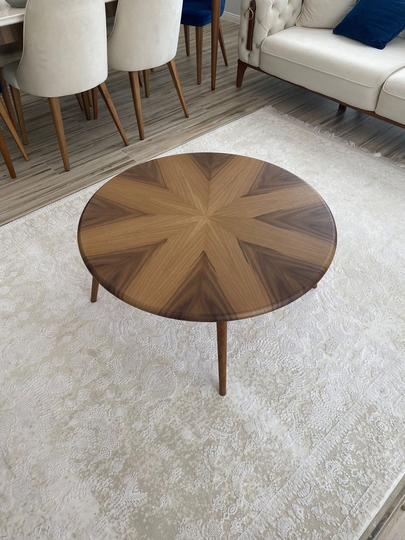 Wooden Round Walnut Coffee Table, Mid Century Modern Rustic Center, Table, Book Match