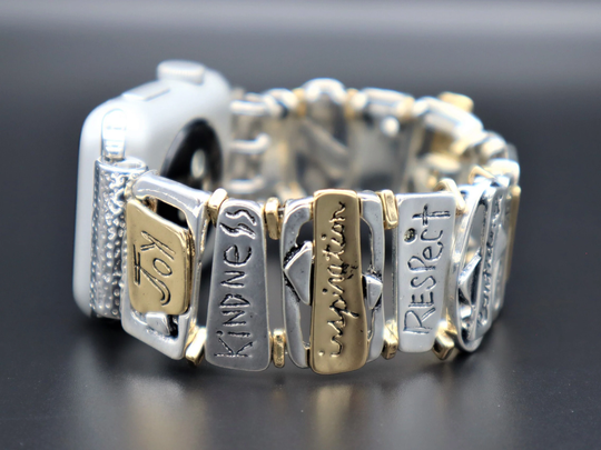 Handmade Silver Gold Colors Inspirational Apple Samsung Fitbit Watchband, Custom Size Band 40mm 44mm. Versa 1-2, Stretchy Band