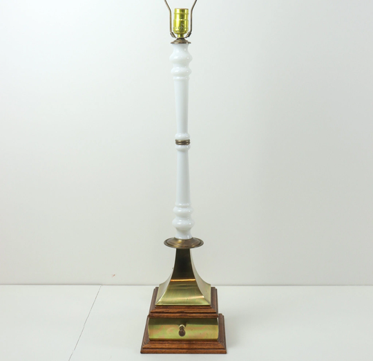 Mid Century Table Lamp, Milk Glass & Brass Column Lamp