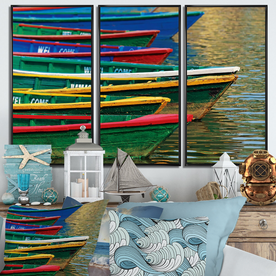 Designart 'Color Boats on Phewa Lake Nepal' Boats Framed Canvas Wall Art Set of 3 - 4 Colors of Frames