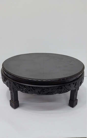 Mid Century Coffee Table Asian Opium Round Low Profile Hand Craved Wood Black Ebony