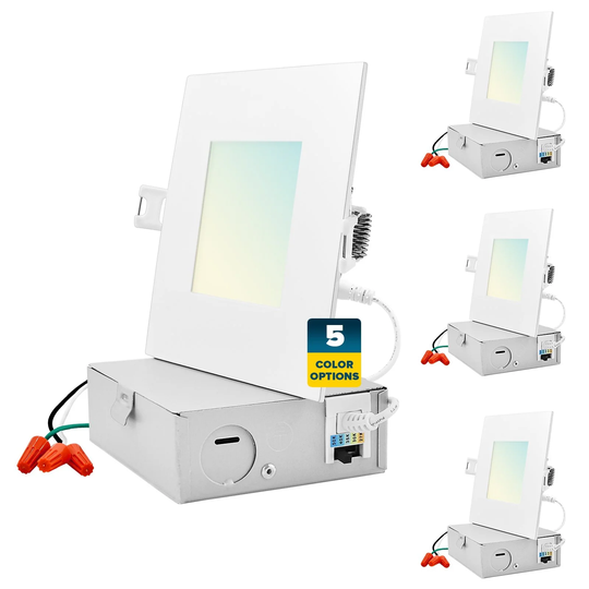 Sunperian 4 inch Square Ultra-Thin LED Recessed Light J-Box 5 Color Options 10W 750 Lumens Dimmable Wet Rated 4 Pack