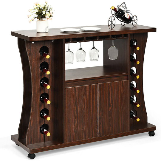 Gymax Rolling Buffet Sideboard Wooden Bar Storage Cabinet w/ Wine Rack - 43.5'' x 15.5'' x 36'' (L x W x H)