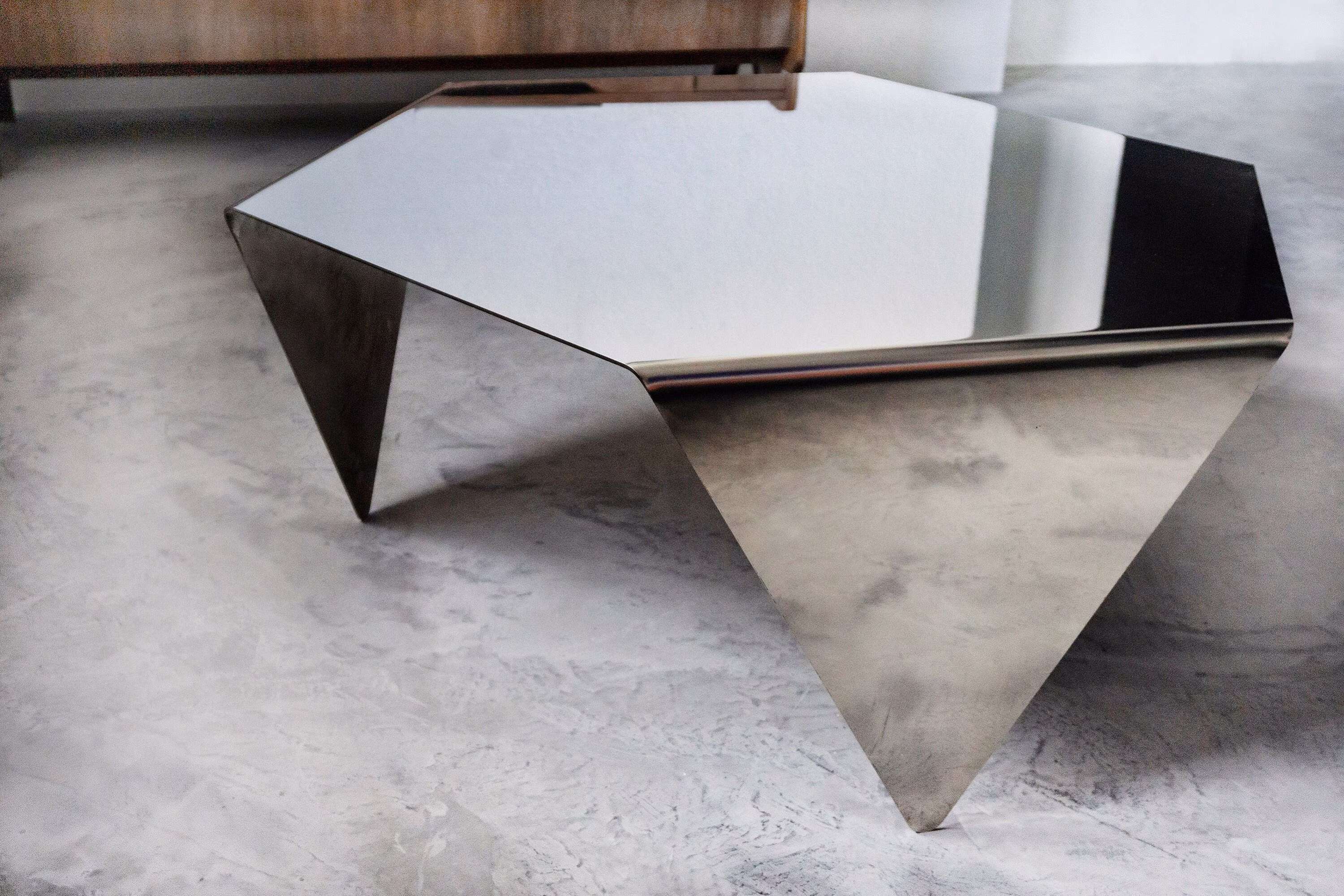 Hexagonal Polished Steel Coffee Table. Heavy-Duty, Minimal Industrial Design Furniture. Unique Cocktail Sofa Table For Your Living Room