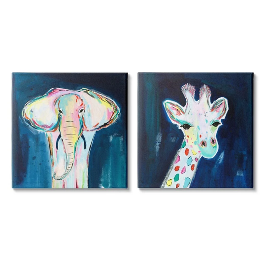 Stupell Industries Colorful Safari Animal Portraits Playful Elephant Giraffe, 2pc Multi Piece Canvas Wall Art Set - Multi-Color