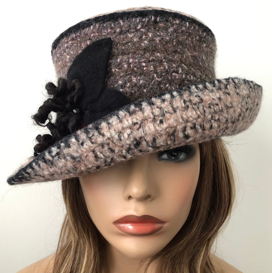 Brown Felted Hat, Women's Felt Cloche, Handmade Ladies Wool Winter Hat