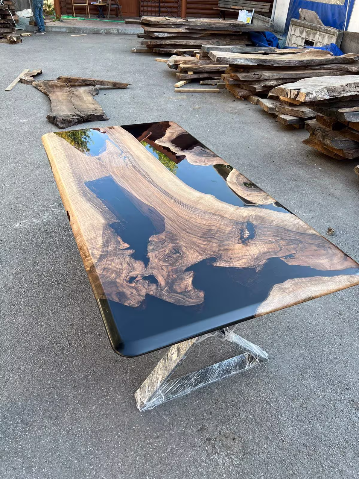 Handmade Epoxy Table, Resin Custom 72" X 36" Walnut Black River Dining Table Order For Randol