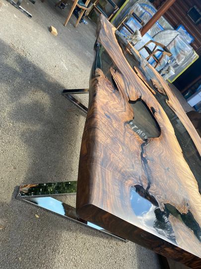 Epoxy Resin Table, Live Edge Custom 84" X 42" Walnut Wood Smokey Gray Handmade Order For Schaun2