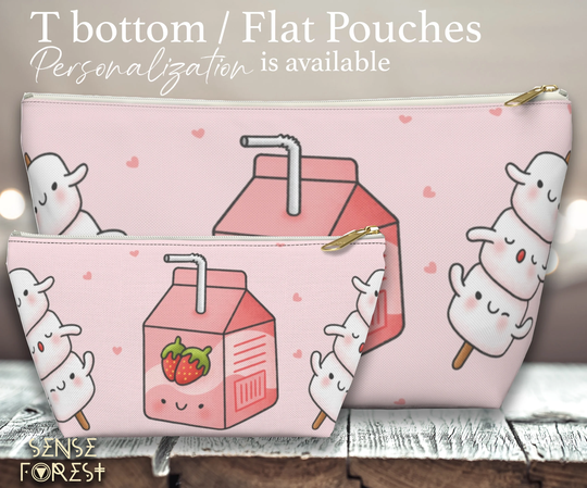 Pink Kawaii Strawberry Milk Marshmallow Flat Pencil Pouch, Cute Cosmetic T Pouch, Travel Makeup Toiletry Bag, Zipper Organizer