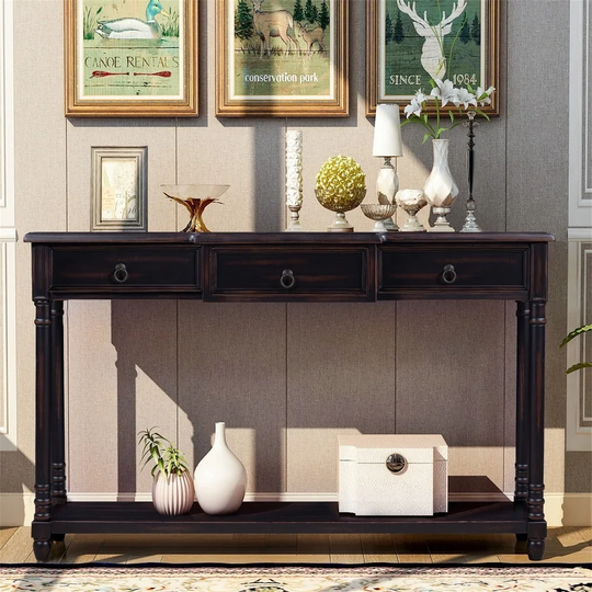 Console Table w/ Projecting Drawers and Long Shelf for Entryway,Brown