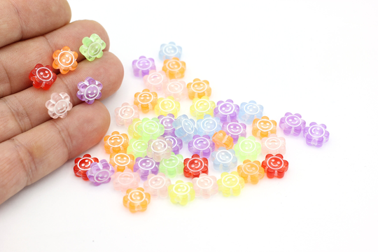 15 Pcs, Smiley Colorful Transparent Acrylic Beads, Sun Flower For Bracelet Making, Mixed Colors 10mm, Gem-107