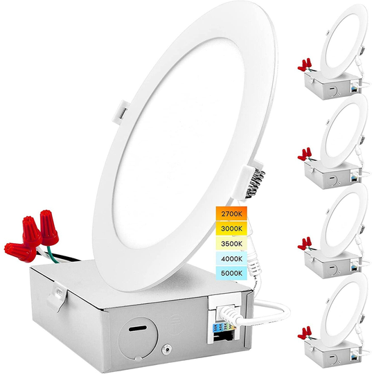 Luxrite 4 Pack 8" Ultra Thin LED Recessed Light with J-Box 18W 5 Color Options Dimmable 1500 Lumens Energy Star IC Rated