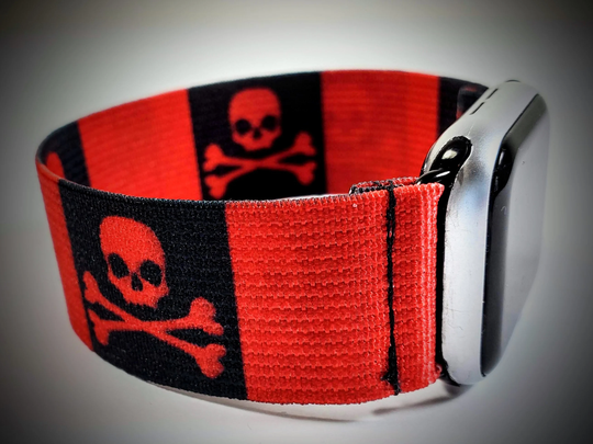 Skull & Crossbones Black Red Elastic Watch Band For Apple -38mm 40mm 41mm 42mm 44mm 45mm ; All Series | Models 1 - 8 & Se